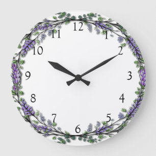 Grande Horloge Ronde Aquarelle lavande eucalyptus violet floral
