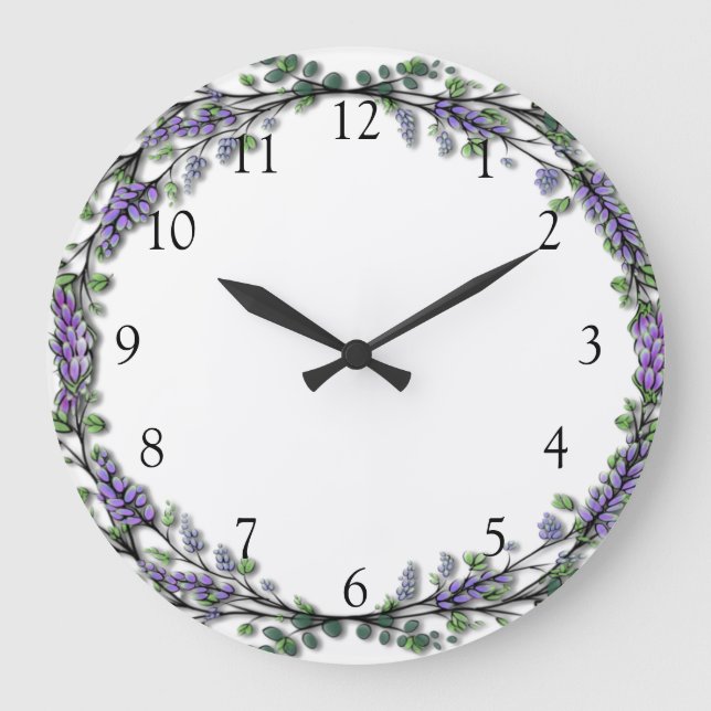 Grande Horloge Ronde Aquarelle lavande eucalyptus violet floral (Recto)