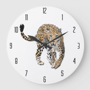 Grande Horloge Ronde aquarelle léopard jungle chat animal peint vert