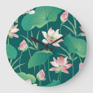 Grande Horloge Ronde Aquarelle lotus : fleurs vintages sans soudure.