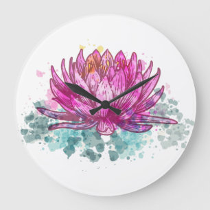 Grande Horloge Ronde Aquarelle Lotus rose