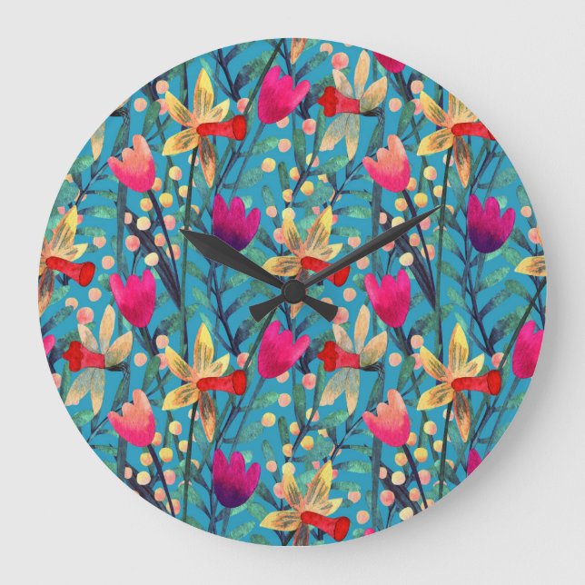 Grande Horloge Ronde Aquarelle Lumineuse : Design Floral Sans Maille. (Recto)