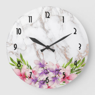 Grande Horloge Ronde Aquarelle Magnolias, Faux Marble Texture Mariage