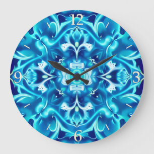 Grande Horloge Ronde Aquarelle Mandala Flower dans les tons bleu Indigo