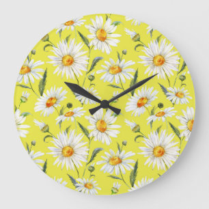Grande Horloge Ronde Aquarelle marguerite, motif jaune transparent.