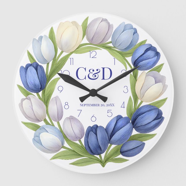 Grande Horloge Ronde Aquarelle mariage Monogram Blue Tulip Wreath (Recto)