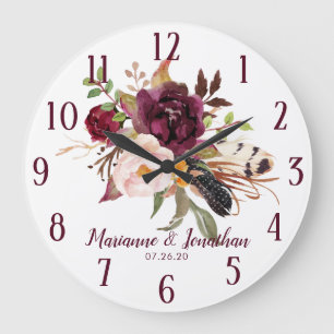 Grande Horloge Ronde Aquarelle Marsala Boho Aquarelle Mariage Floral