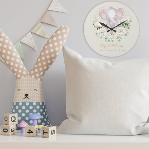 Grande Horloge Ronde Aquarelle mignonne Eléphant floral Statistiques de