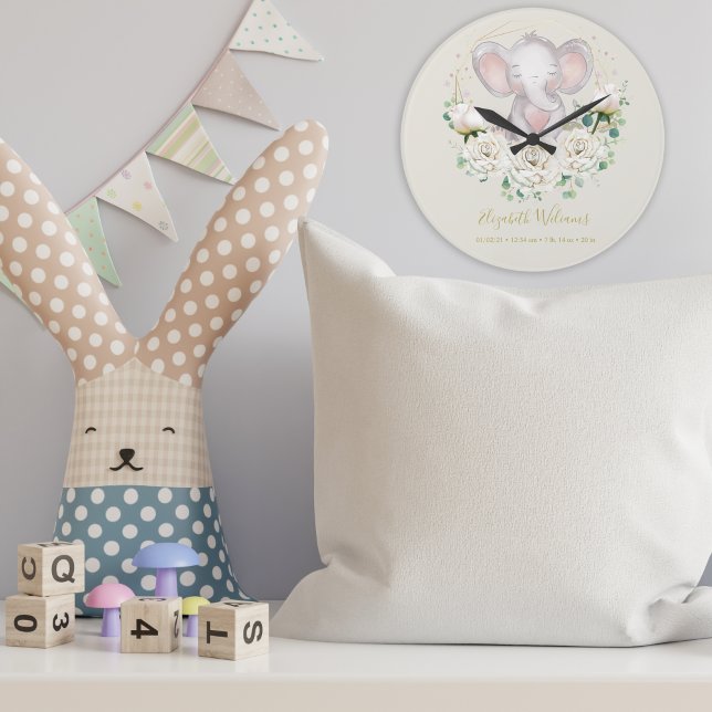 Grande Horloge Ronde Aquarelle mignonne Eléphant floral Statistiques de (Créateur téléchargé)