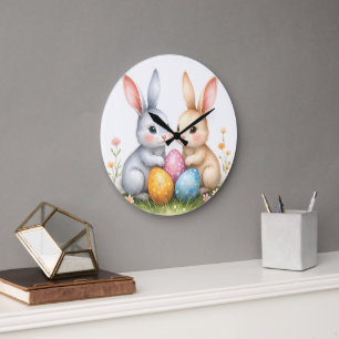 Grande Horloge Ronde Aquarelle mignonne Lapins de Pâques mignons Lapins