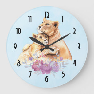 Grande Horloge Ronde Aquarelle mignonne Mère Lion & Cub