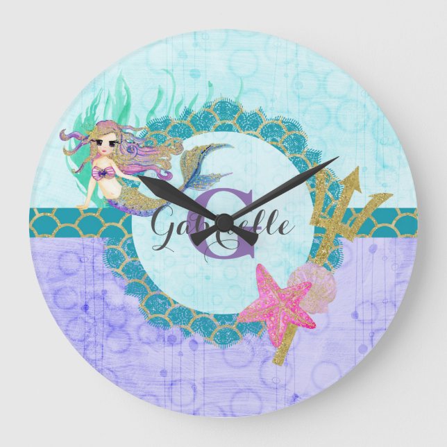 Grande Horloge Ronde Aquarelle mignonne sirène Turquoise et violet (Recto)