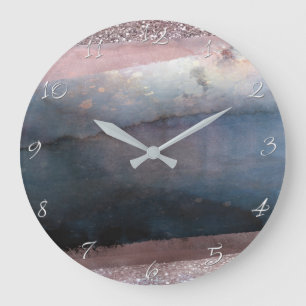 Grande Horloge Ronde Aquarelle Moderne Bleu & Rose Gold Rose Pâle Glamo