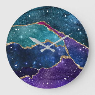 Grande Horloge Ronde Aquarelle moderne bleu violet Aqua Gold Agate