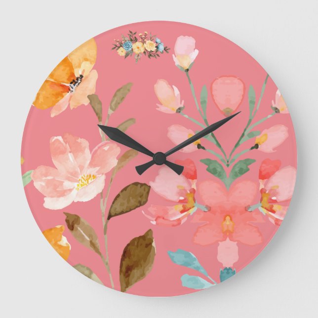 Grande Horloge Ronde Aquarelle moderne élégante rose (Recto)
