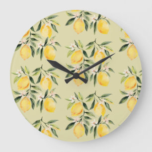 Grande Horloge Ronde Aquarelle moderne Motif jaune citron