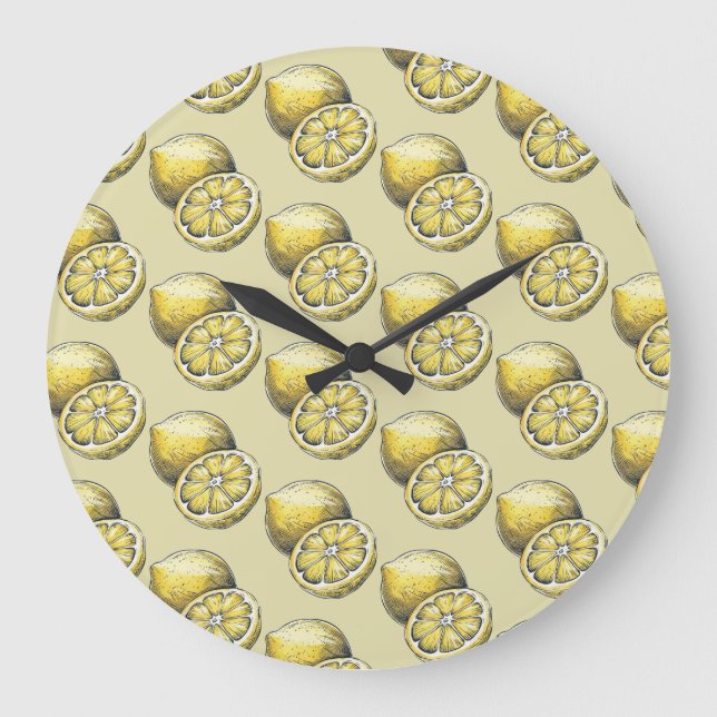 Grande Horloge Ronde Aquarelle moderne Motif sans couture Citron jaune  (Recto)