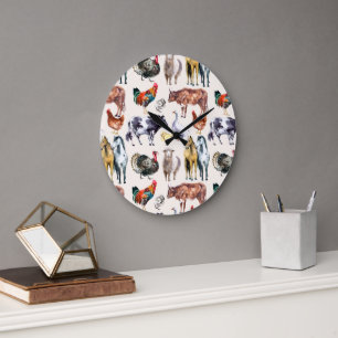 Grande Horloge Ronde Aquarelle motif des animaux de ferme