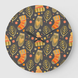 Grande Horloge Ronde Aquarelle Noël : Festive Motif sans couture.