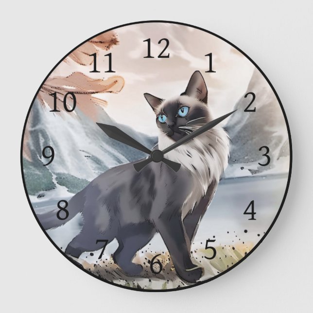 Grande Horloge Ronde Aquarelle Noir et Blanc Fluffin Chat dans la natur (Recto)