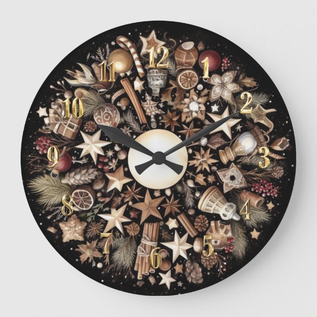 Grande Horloge Ronde Aquarelle Noir Russe Motifs de Noël (Recto)