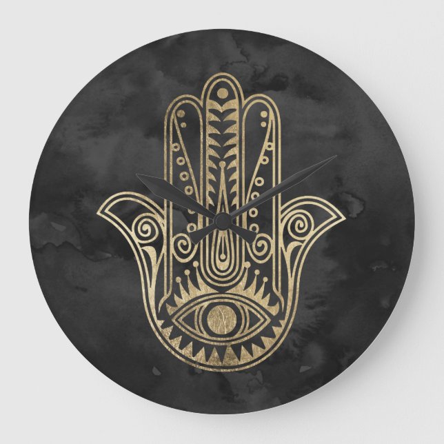 Grande Horloge Ronde Aquarelle noire et or main de Fatima (Recto)