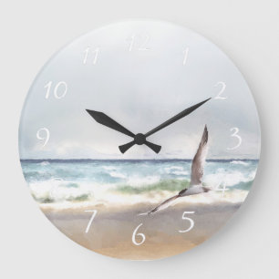 Grande Horloge Ronde Aquarelle Ocean Waves Beach Bird