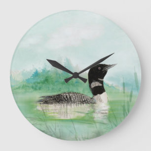 Grande Horloge Ronde Aquarelle Oiseau commun Loon Nature Art