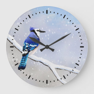 Grande Horloge Ronde Aquarelle Oiseau de neige d'hiver Jay bleu