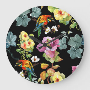 Grande Horloge Ronde Aquarelle Oiseaux Fleurs : Coloré Sans Couleur.