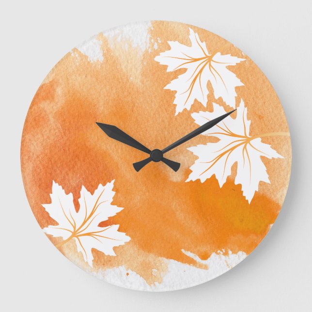 Grande Horloge Ronde Aquarelle orange moderne et feuilles d'érable (Recto)
