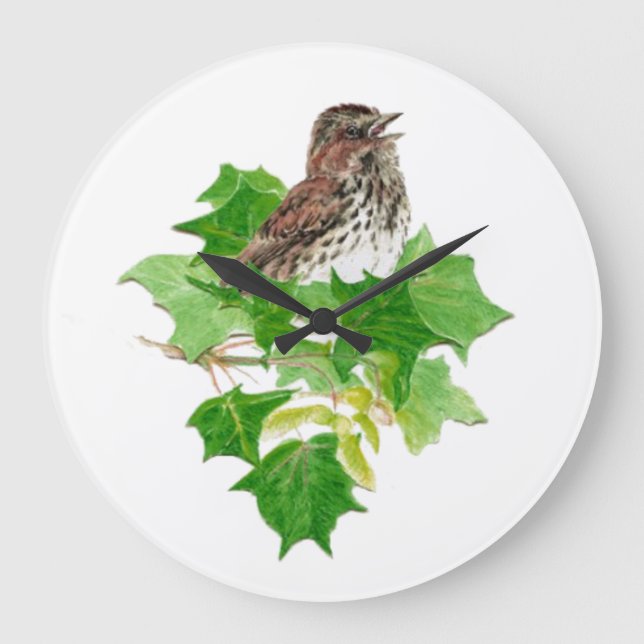 Grande Horloge Ronde Aquarelle originale Chanson Bruant Oiseau Nature (Recto)