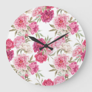 Grande Horloge Ronde Aquarelle Peoné rose : Élégance florale