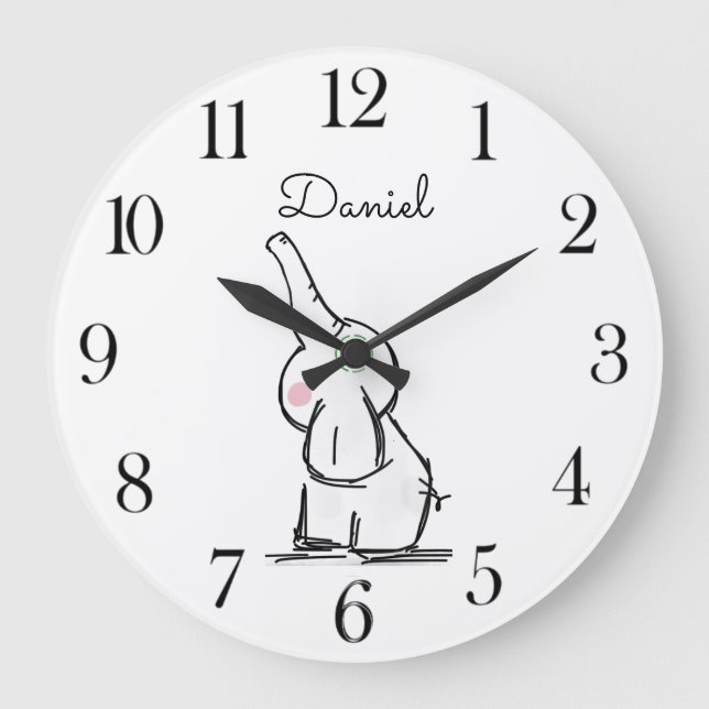 Grande Horloge Ronde Aquarelle personnalisée Baby Elephant Nursery (Recto)