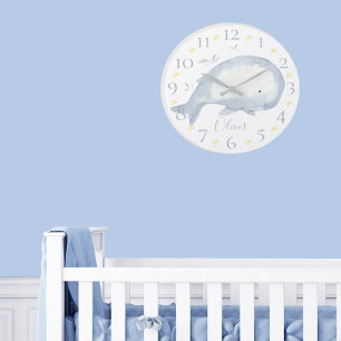 Grande Horloge Ronde Aquarelle personnalisée Cute Bébé Baleine Nautique