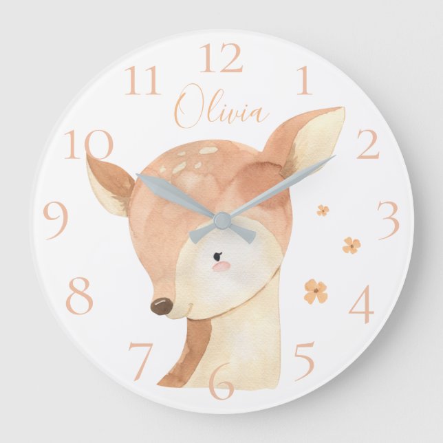 Grande Horloge Ronde Aquarelle personnalisée Cute Nom du cerf de bébé (Recto)