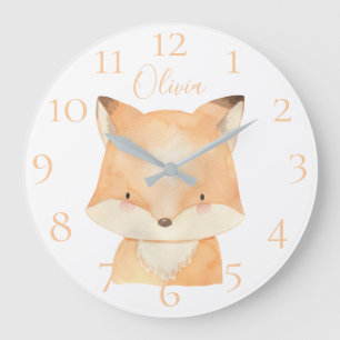 Grande Horloge Ronde Aquarelle personnalisée mignonne Baby Fox personna