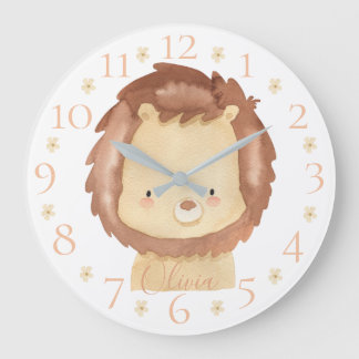Grande Horloge Ronde Aquarelle personnalisée mignonne Lion bébé avec no