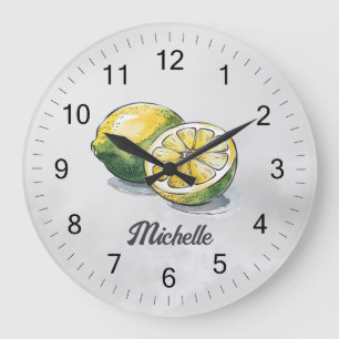 Grande Horloge Ronde Aquarelle personnalisée moderne tendance Citron ja