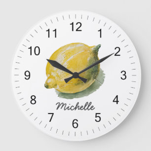 Grande Horloge Ronde Aquarelle personnalisée moderne tendance Citron ja