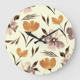 Grande Horloge Ronde Aquarelle pivoine pavot, motif floral abstrait.