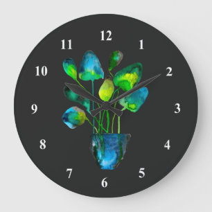 Grande Horloge Ronde Aquarelle plante art vert et bleu abstrait