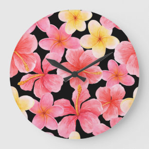 Grande Horloge Ronde Aquarelle Plumeria Hibiscus Fleurs Motif