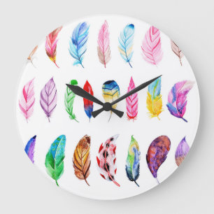 Grande Horloge Ronde Aquarelle Plumes : Belle Collection Vintage.