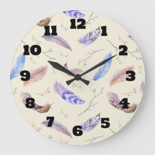 Grande Horloge Ronde Aquarelle Plumes Feuilles et Branches Motif