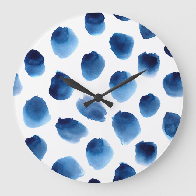 Grande Horloge Ronde Aquarelle Points Bleus : Peint à la main sans cout (Recto)