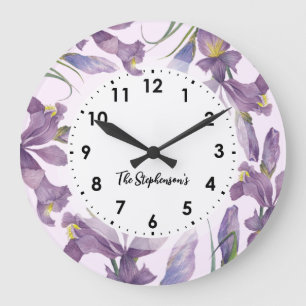 Grande Horloge Ronde Aquarelle Purple Irises Illustration botanique