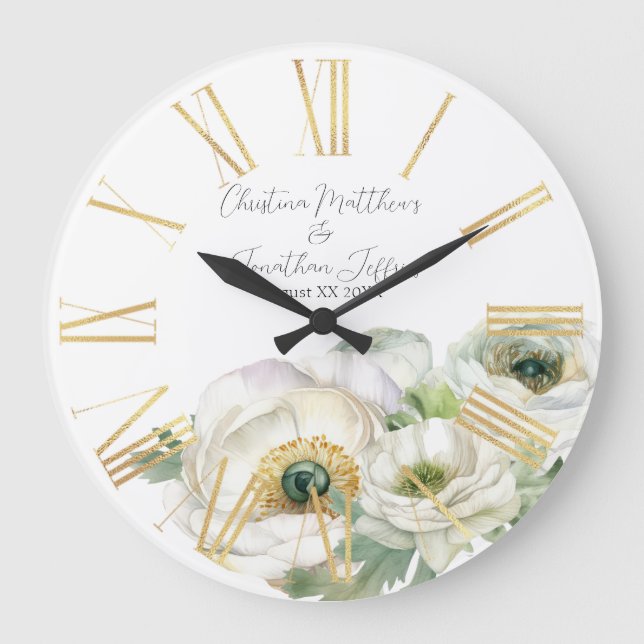 Grande Horloge Ronde Aquarelle romantique Ranunculus blanc (Recto)