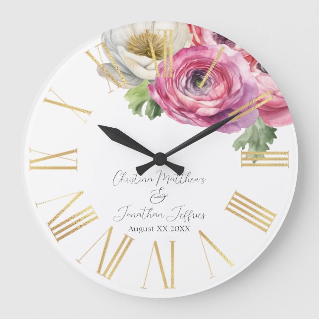 Grande Horloge Ronde Aquarelle romantique Ranunculus blanc et rose (Recto)