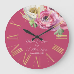 Grande Horloge Ronde Aquarelle romantique Ranunculus rose sur Blush